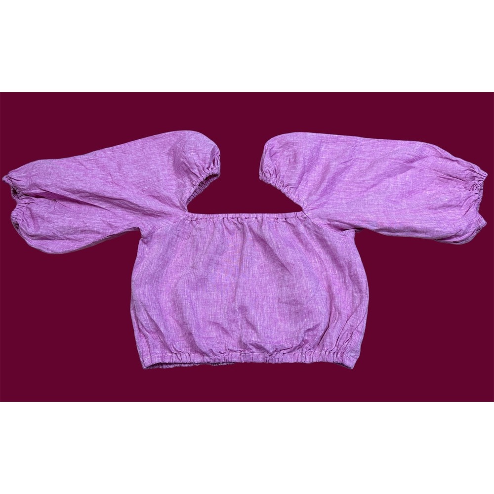 Francesca Purple 100% Linen‎ Smocked Square Neck Puff Sleeve Crop Top Med Italy